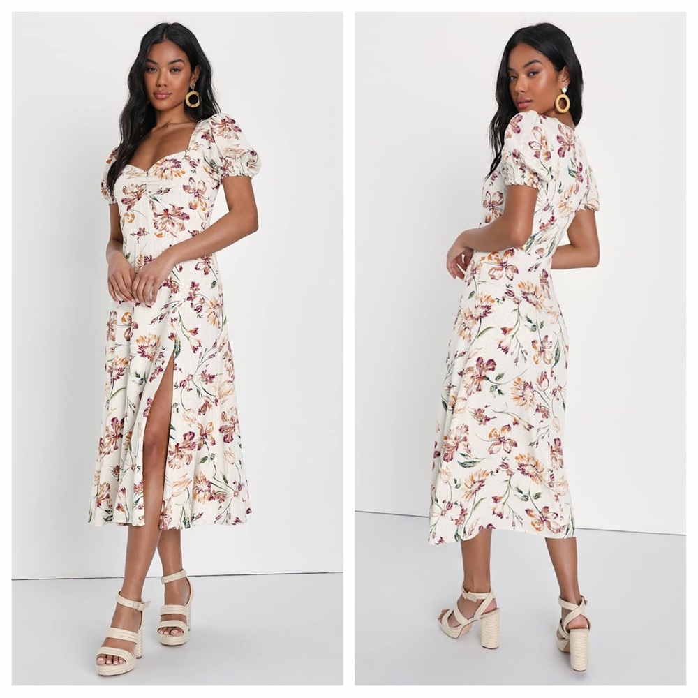 Lulus Parisian Picnic Cream Floral Jacquard Puff Sleeve Midi Dress